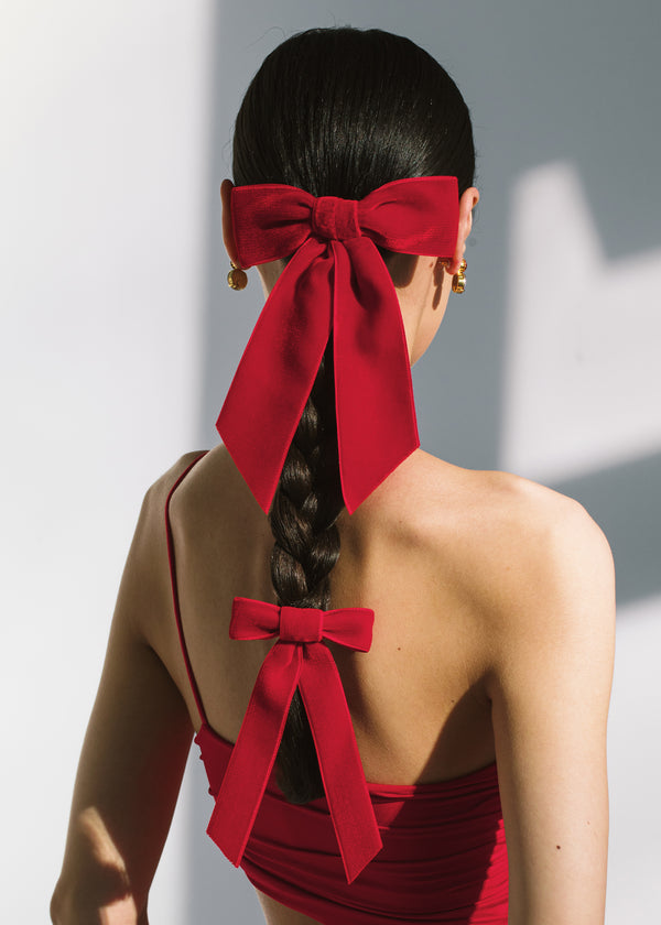 Jennifer Behr Wide Velvet Bow Barrette Rouge