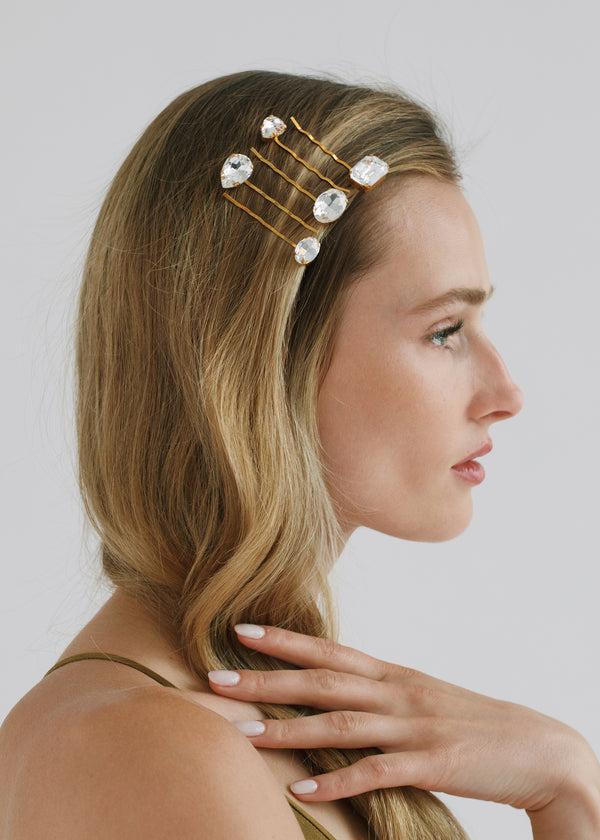Jennifer Behr Karina Bobby Pin Set Crystal Antique Gold