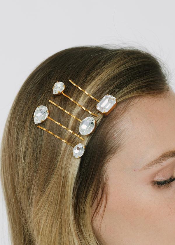 Jennifer Behr Karina Bobby Pin Set Crystal Antique Gold