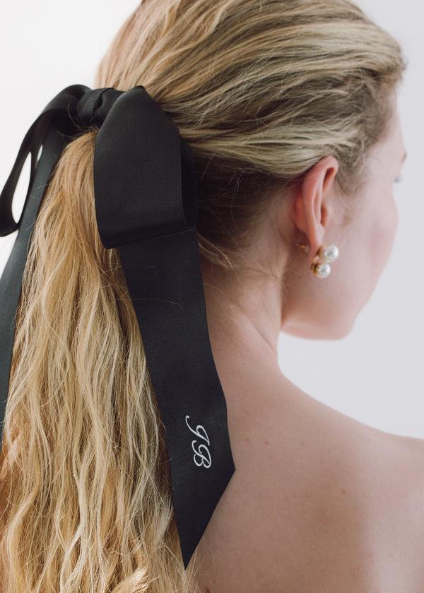 Jennifer Behr Monogram Adley Satin Bow Barrette Black