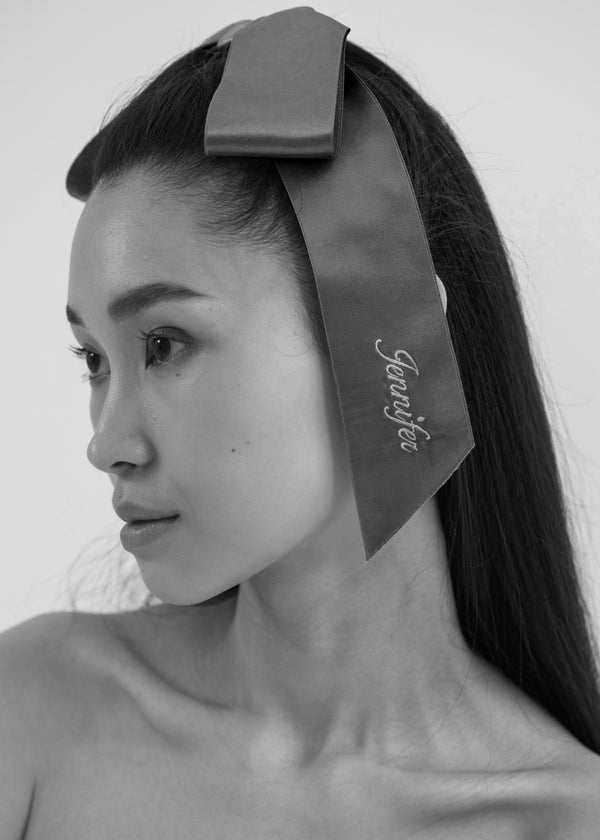 Jennifer Behr Monogram Adley Satin Bow Barrette Navy