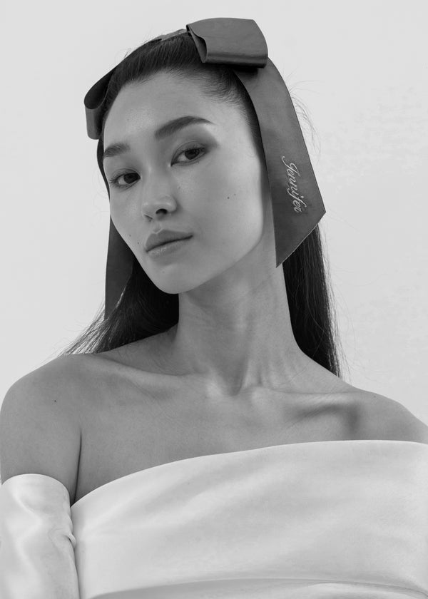 Jennifer Behr Monogram Adley Satin Bow Barrette Navy