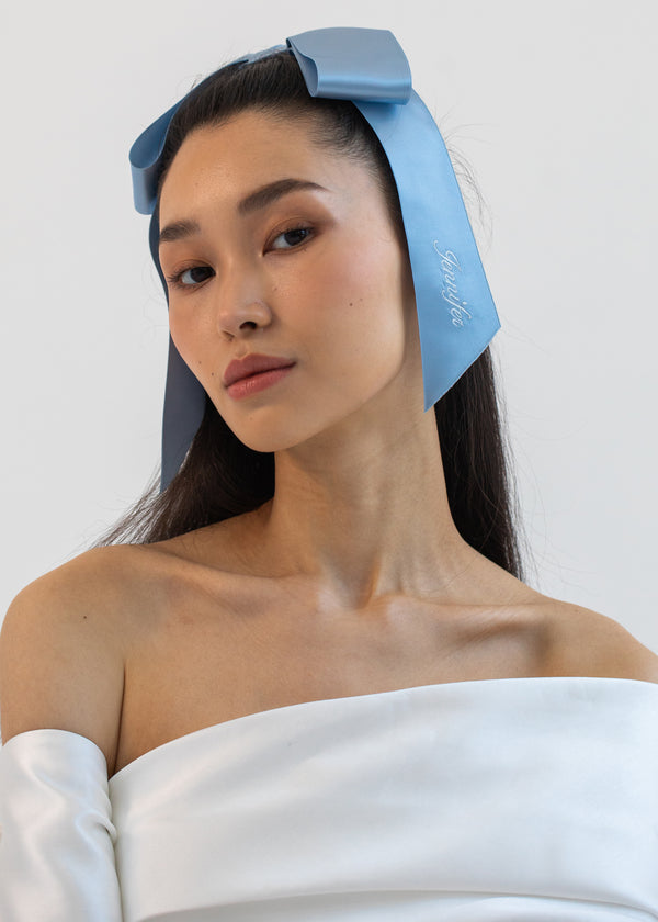 Jennifer Behr Monogram Adley Satin Bow Barrette Powder