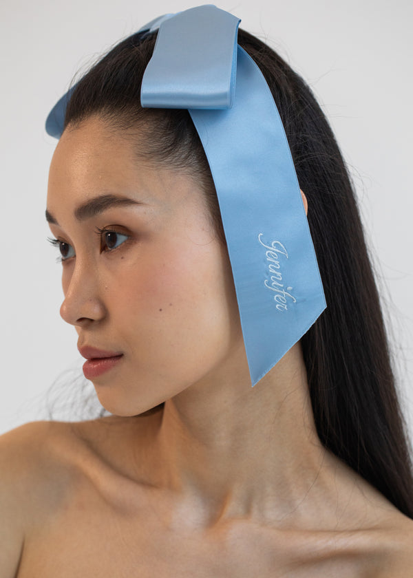 Jennifer Behr Monogram Adley Satin Bow Barrette Powder