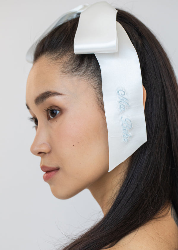 Jennifer Behr Monogram Adley Satin Bow Barrette Snow