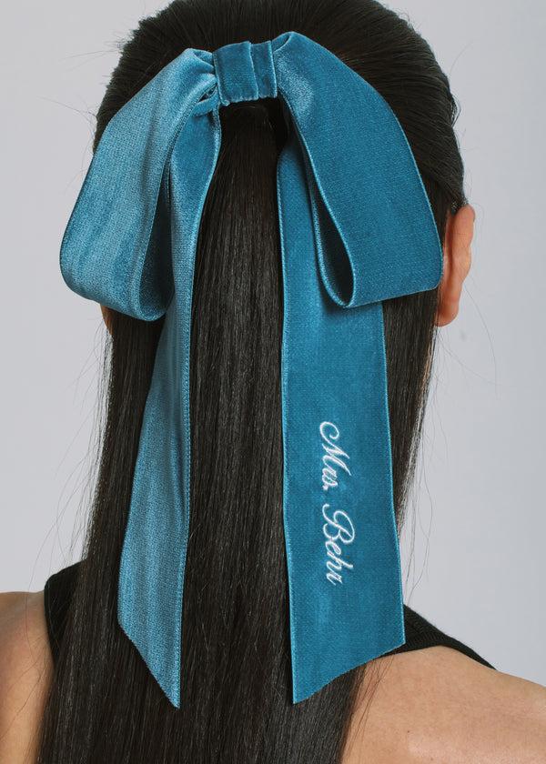 Jennifer Behr Monogram Adley Velvet Bow Barrette Azul