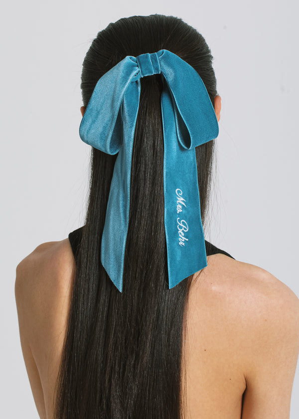 Jennifer Behr Monogram Adley Velvet Bow Barrette Azul
