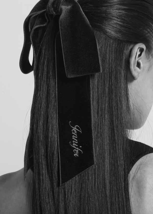 Jennifer Behr Monogram Adley Velvet Bow Barrette Black