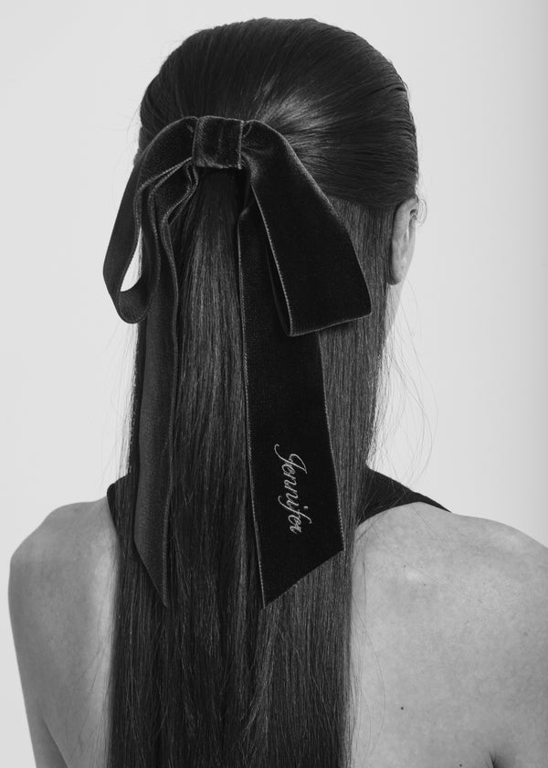 Jennifer Behr Monogram Adley Velvet Bow Barrette Black