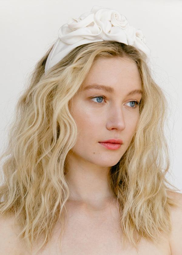 Jennifer Behr Triple Rosette Headband In Silk Faille Cream