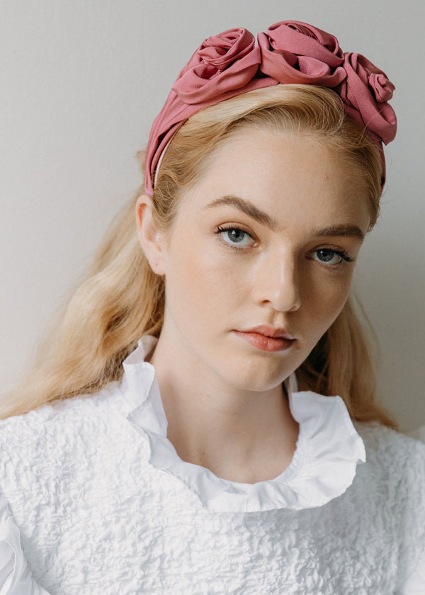 Jennifer Behr Triple Rosette Headband In Silk Faille Rose