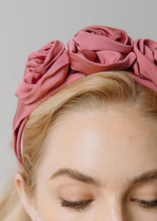 Jennifer Behr Triple Rosette Headband In Silk Faille Rose