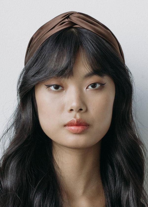 Jennifer Behr Twist Headband In Silk Satin Espresso