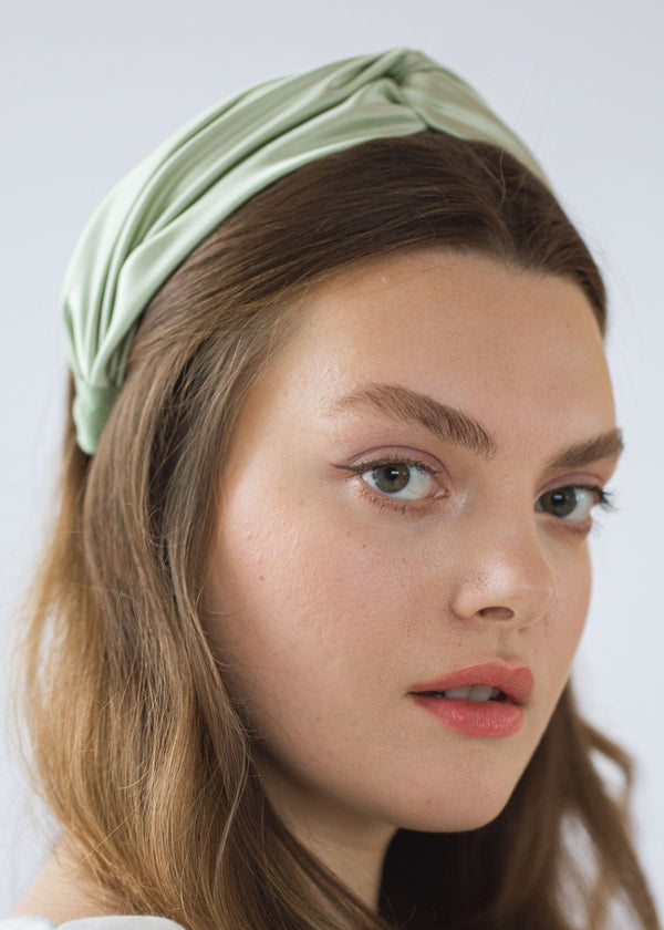 Jennifer Behr Twist Headband In Silk Satin Pistachio