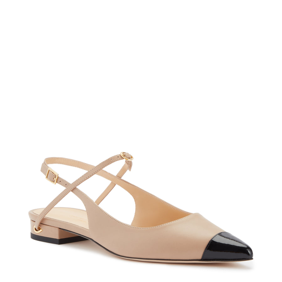 Jennifer Chamandi EDOARDO FLAT Sand Nappa Black Patent Toe Cap