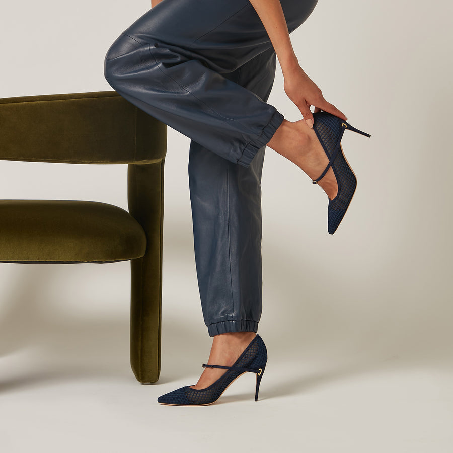 Jennifer Chamandi LORENZO 85 Navy Suede Macro Mesh