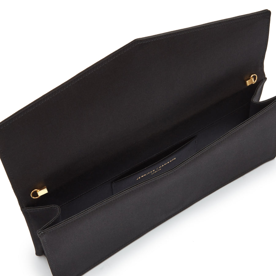 Jennifer Chamandi LE 8 BAGUETTE CRYSTAL BUCKLE Black Satin