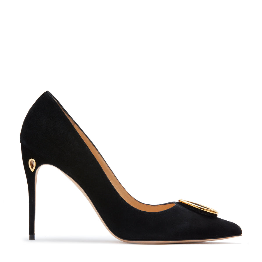 jennifer chamandi LORENZO 105 Black Suede Gold Buckle