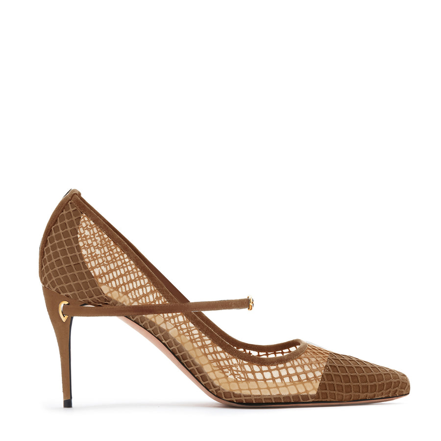 jennifer chamandi LORENZO 85 Chestnut Suede Macro Mesh