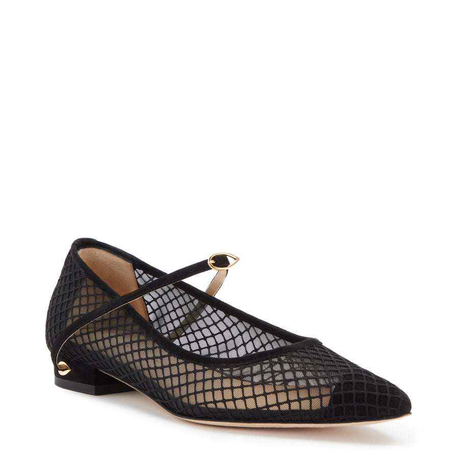 Jennifer Chamandi LORENZO FLAT Black Suede Macro Mesh
