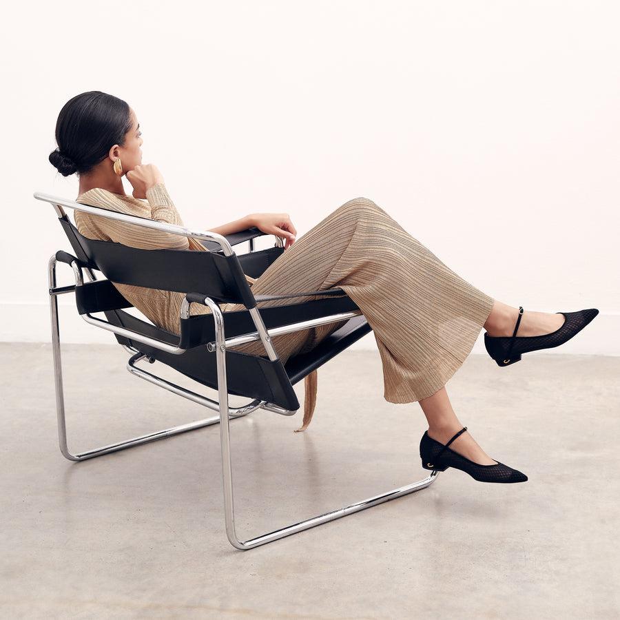 Jennifer Chamandi LORENZO FLAT Black Suede Macro Mesh