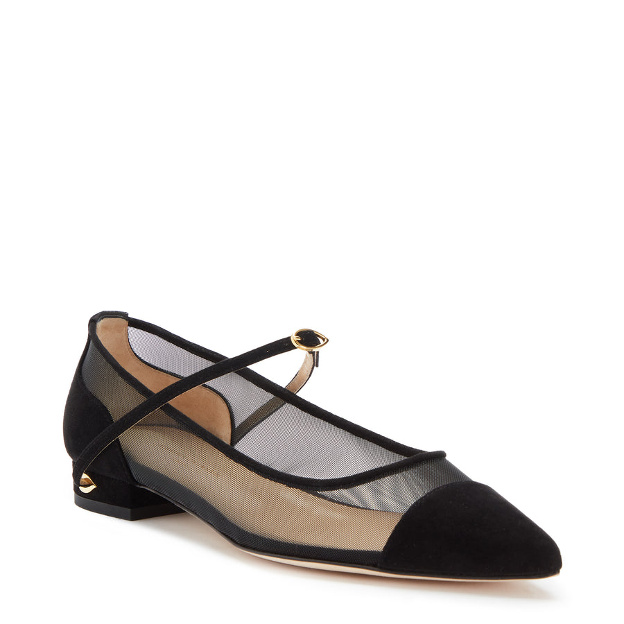 Jennifer Chamandi LORENZO FLAT Black Suede Tonal Mesh