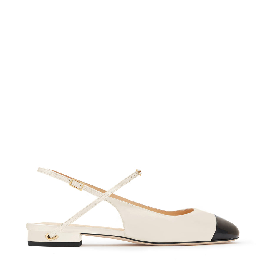 jennifer chamandi MATTIA FLAT Ivory Nappa Black Patent Toe Cap