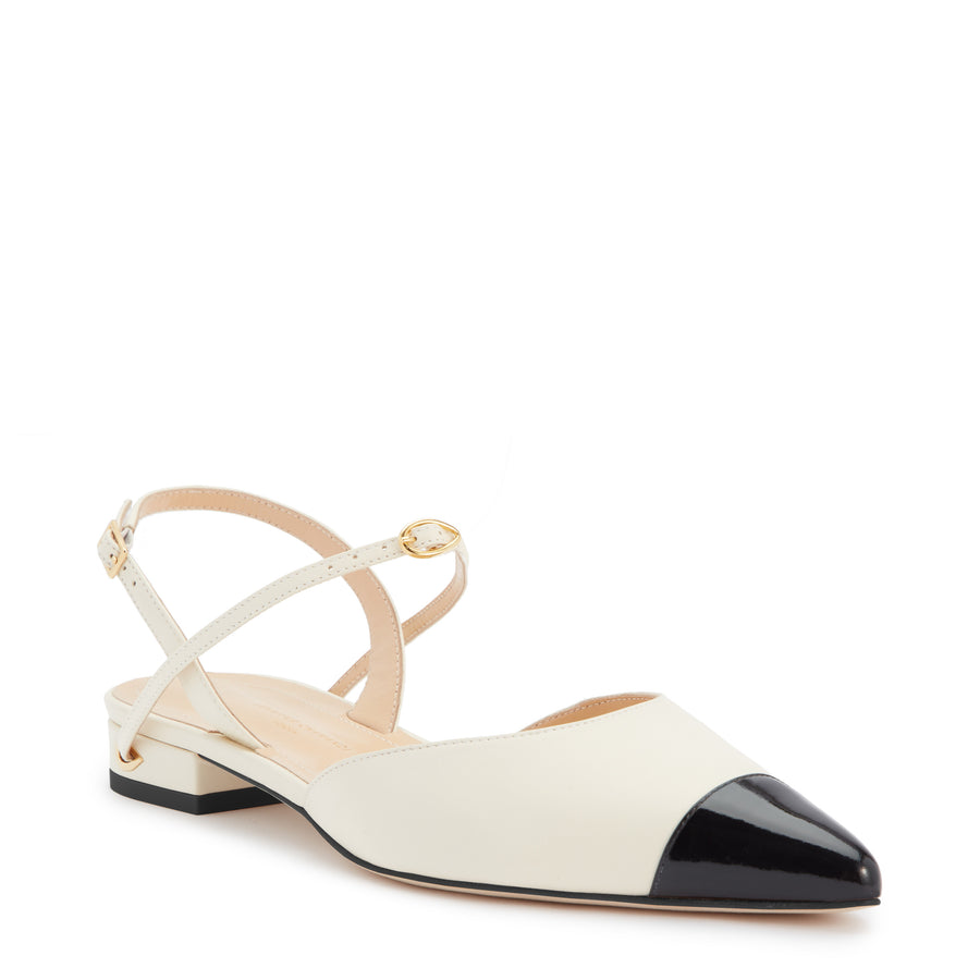 Jennifer Chamandi VITTORIO FLAT Ivory Nappa Black Patent Micro Toe Cap