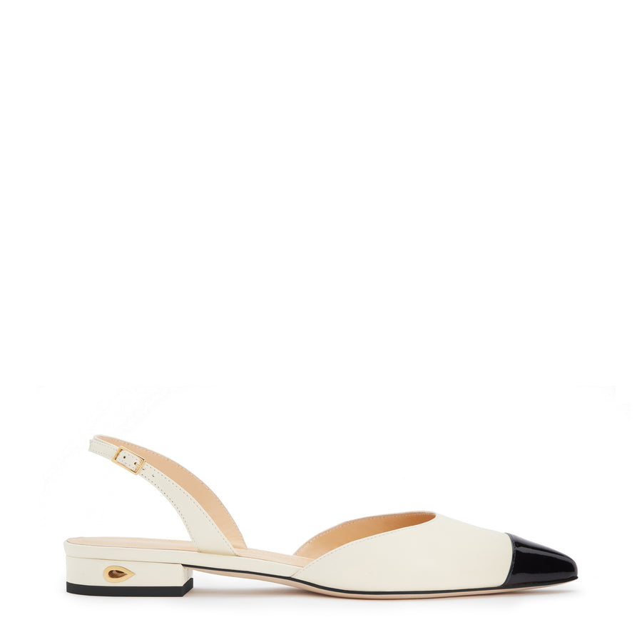 Jennifer Chamandi VITTORIO FLAT Ivory Nappa Black Patent Micro Toe Cap