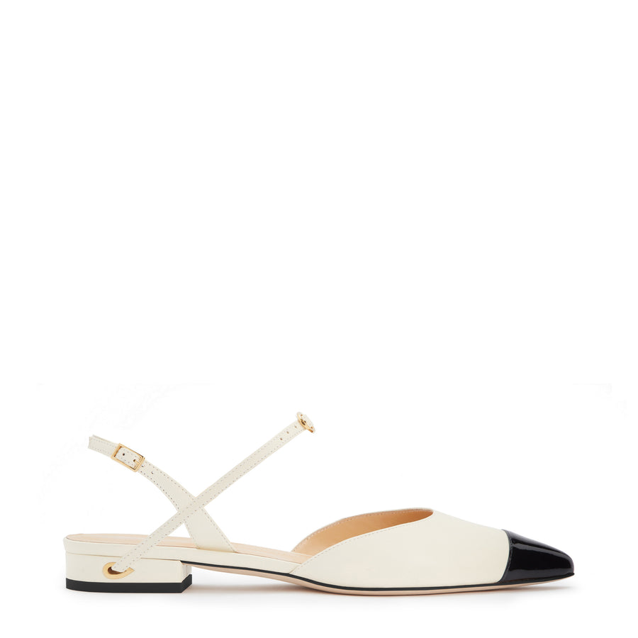 jennifer chamandi VITTORIO FLAT Ivory Nappa Black Patent Micro Toe Cap