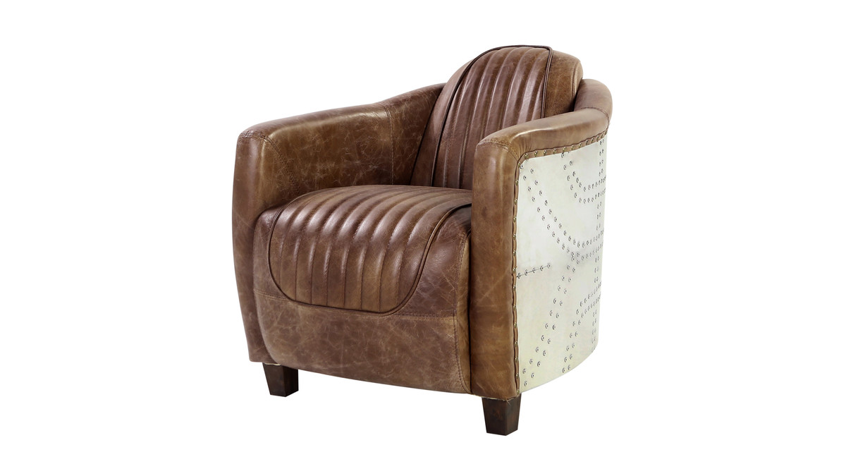 jennifer taylor home Aero 37" Top Grain Leather Armchair with Patchwork Aluminum Back and Channel Tufting