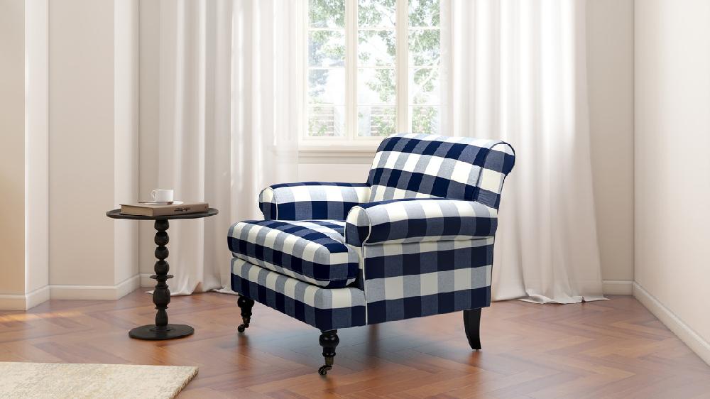 Jennifer Taylor Home Alana 38" Lawson Accent Arm Chair Metal Casters Blue Lattice