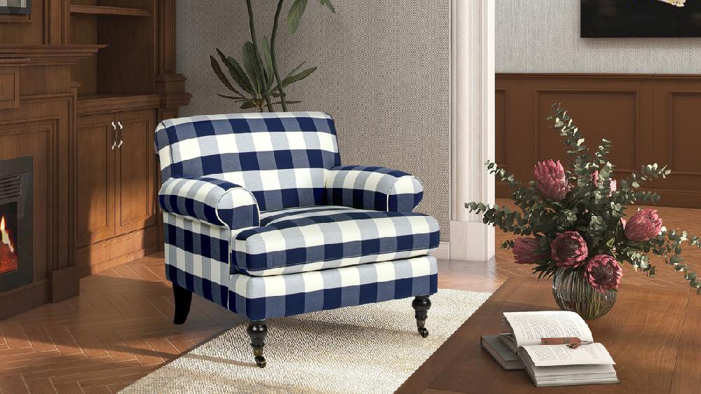 Jennifer Taylor Home Alana 38" Lawson Accent Arm Chair Metal Casters Blue Lattice