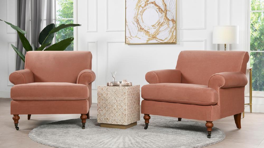 Jennifer Taylor Home Alana 38" Lawson Accent Arm Chair Metal Casters Peach Orange