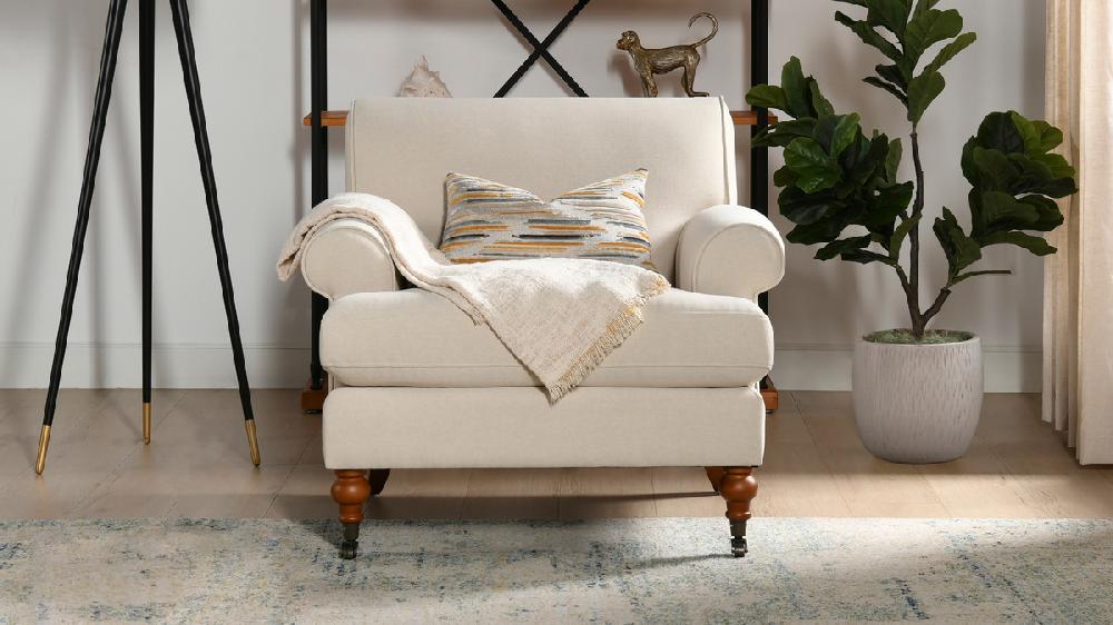 Jennifer Taylor Home Alana 38" Lawson Accent Arm Chair Metal Casters Sky Neutral Beige