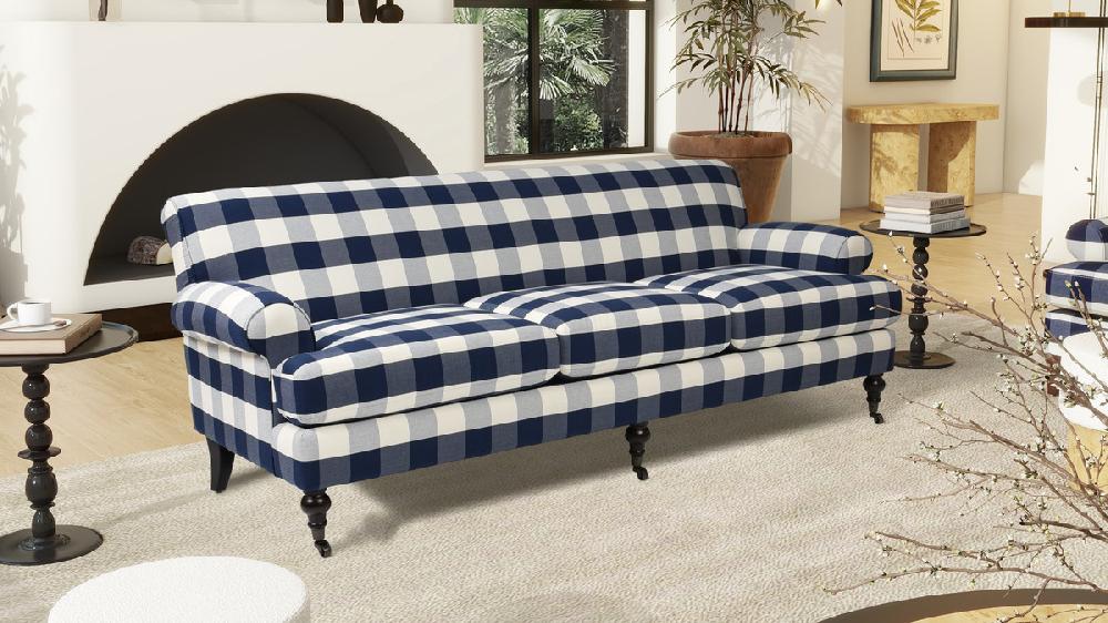 Jennifer Taylor Home Alana Lawson Three-Cushion Tight Back Sofa Blue Lattice