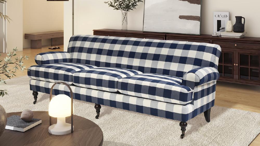 Jennifer Taylor Home Alana Lawson Three-Cushion Tight Back Sofa Blue Lattice