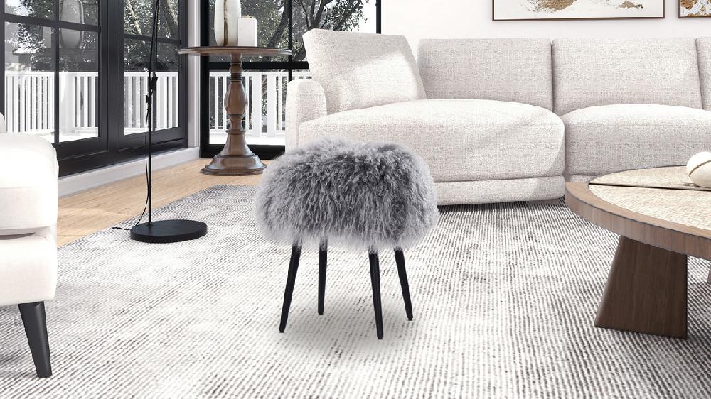 Jennifer Taylor Home Alberta 16" Mongolian Sheepskin Round Ottoman Dimensional Gray