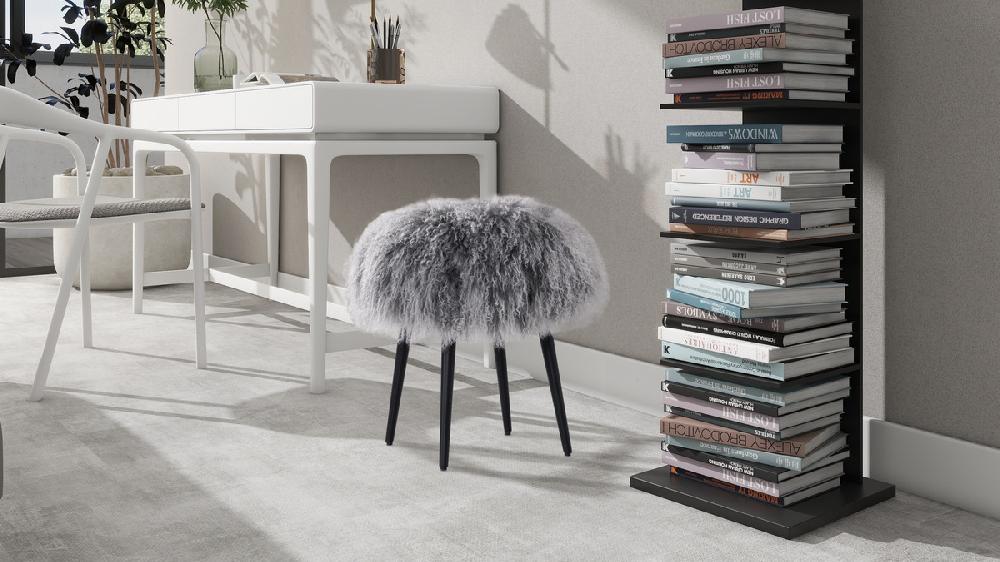 Jennifer Taylor Home Alberta 16" Mongolian Sheepskin Round Ottoman Dimensional Gray