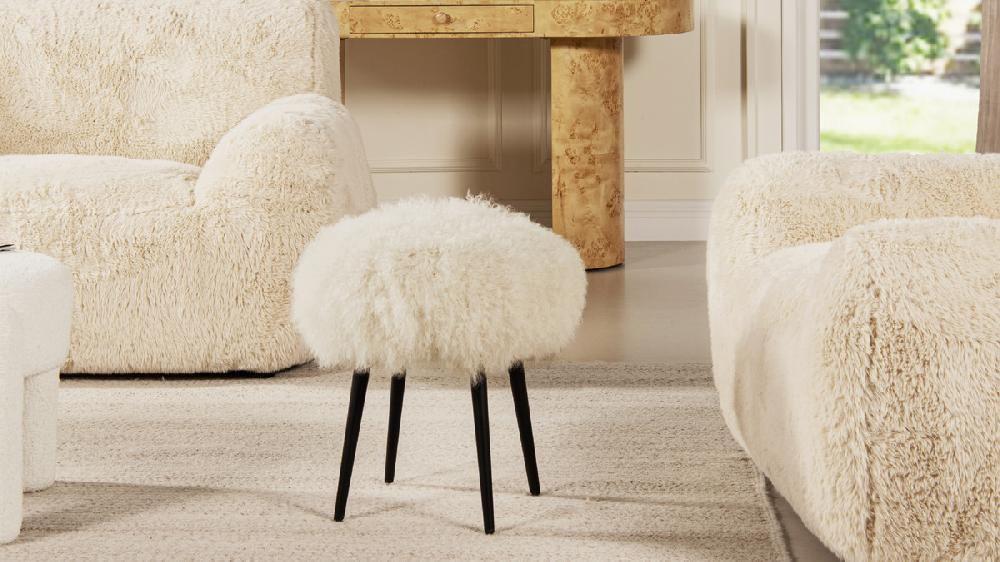 Jennifer Taylor Home Alberta 16" Mongolian Sheepskin Round Ottoman Latte Beige