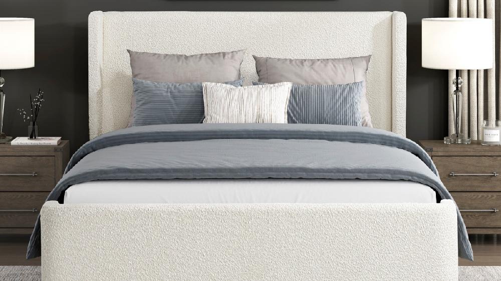 Jennifer Taylor Home Alina Queen Wingback Platform Bed Beige Bouclé