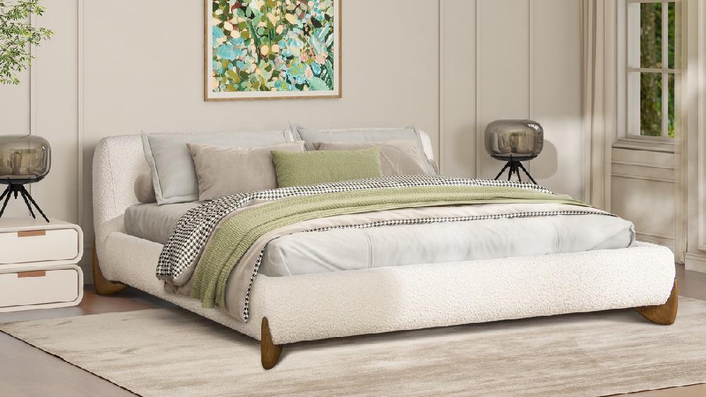 Jennifer Taylor Home Alpine Puffy Modern Platform Bed King Ivory White Bouclé