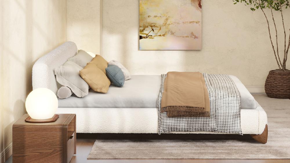 Jennifer Taylor Home Alpine Puffy Modern Platform Bed King Ivory White Bouclé