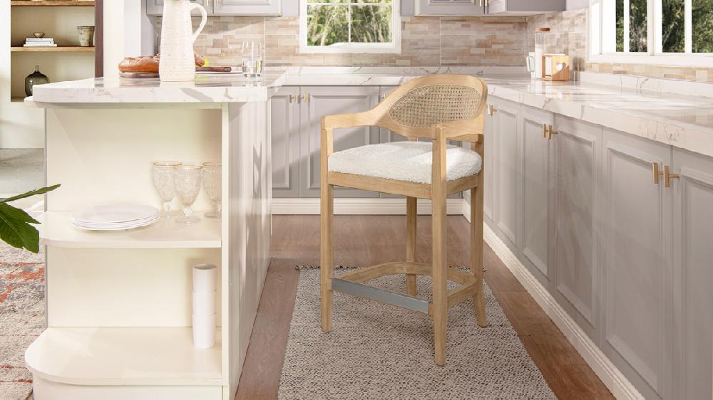 Jennifer Taylor Home Americana Mid-Century Modern 26" Cane Back Counter Stool Ivory White Bouclé