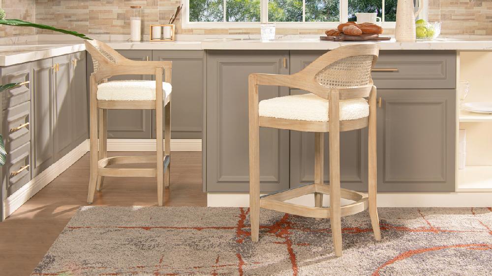 Jennifer Taylor Home Americana Mid-Century Modern 26" Cane Back Counter Stool Ivory White Bouclé