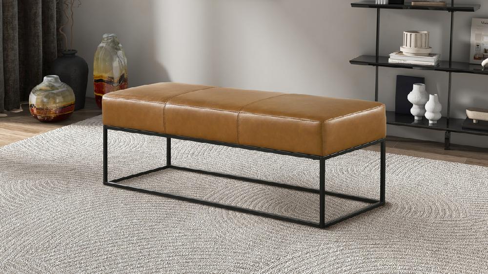 Jennifer Taylor Home Amory 48.4" Bench In Tan Genuine Leather With Teak Frame And Metal Base