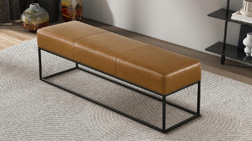 Jennifer Taylor Home Amory 48.4" Bench In Tan Genuine Leather With Teak Frame And Metal Base