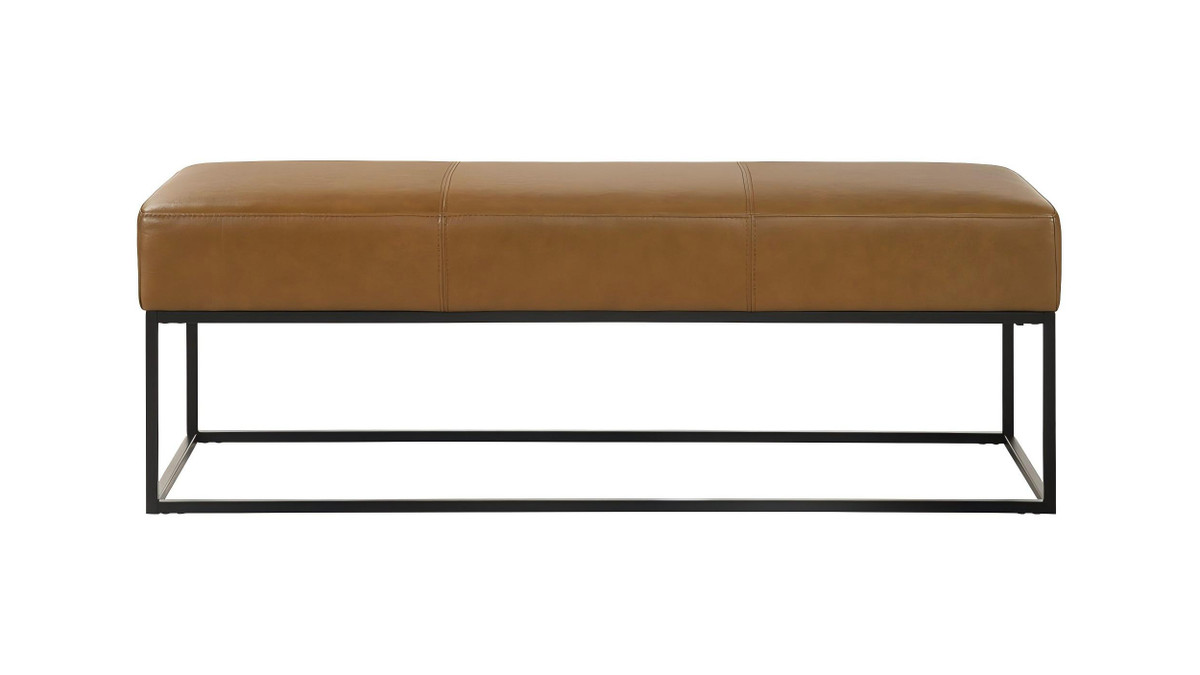 jennifer taylor home Amory 48.4" Bench in Tan Genuine Leather with Teak Frame and Metal Base