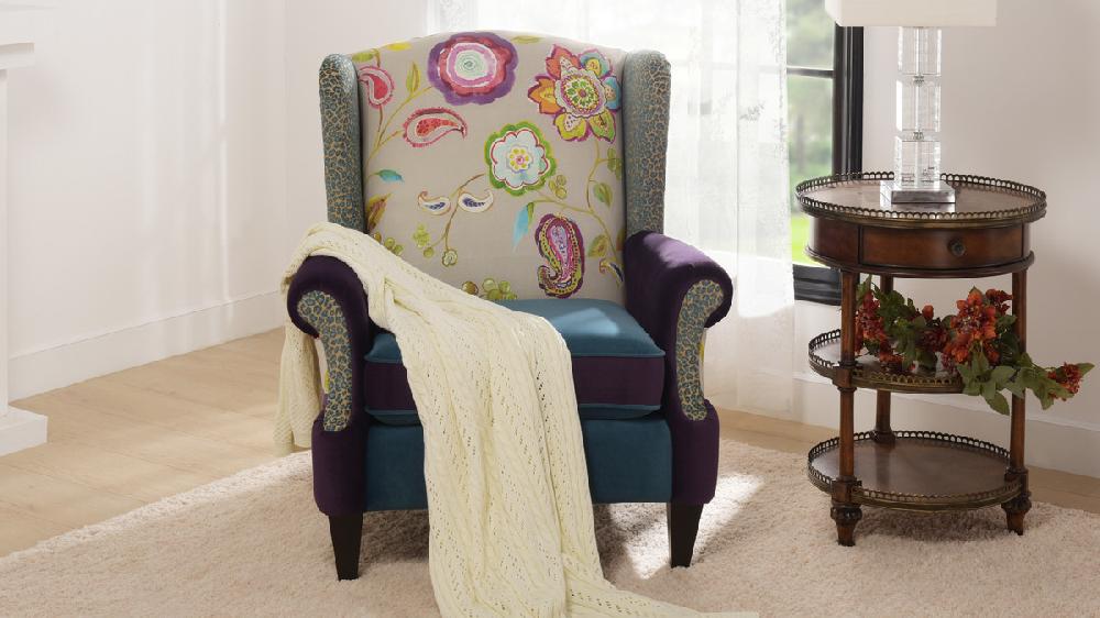 Jennifer Taylor Home Anya Boho Chic Wingback Accent Arm Chair Floral & Leopard Satin Teal & Purple