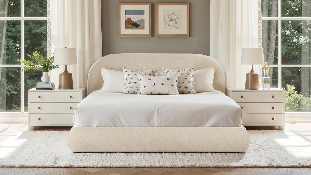 Jennifer Taylor Home Archie Puffy Grounded Upholstered Platform Bed King Oatmeal Light Beige